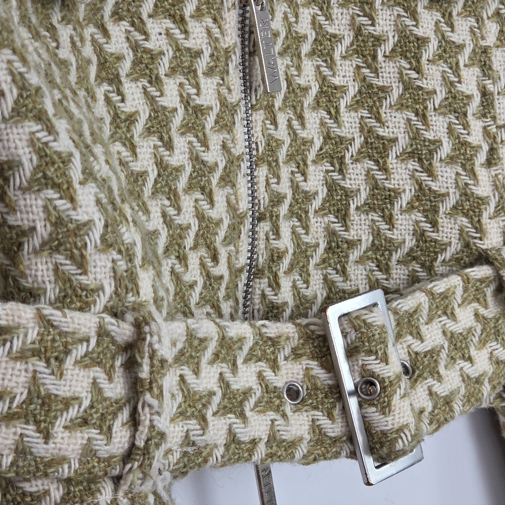 WALTER Green Cream Houndstooth Wool Blend Tweed Cropped Jacket Size 4 - Picture 5 of 12